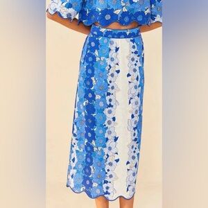 farm Rio Blue Flower Stripes Midi Skirt